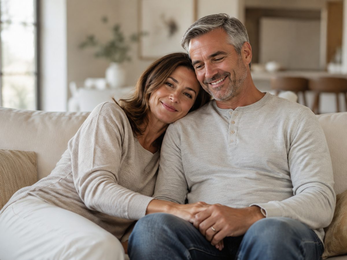 Couple in their forties relaxing together at home