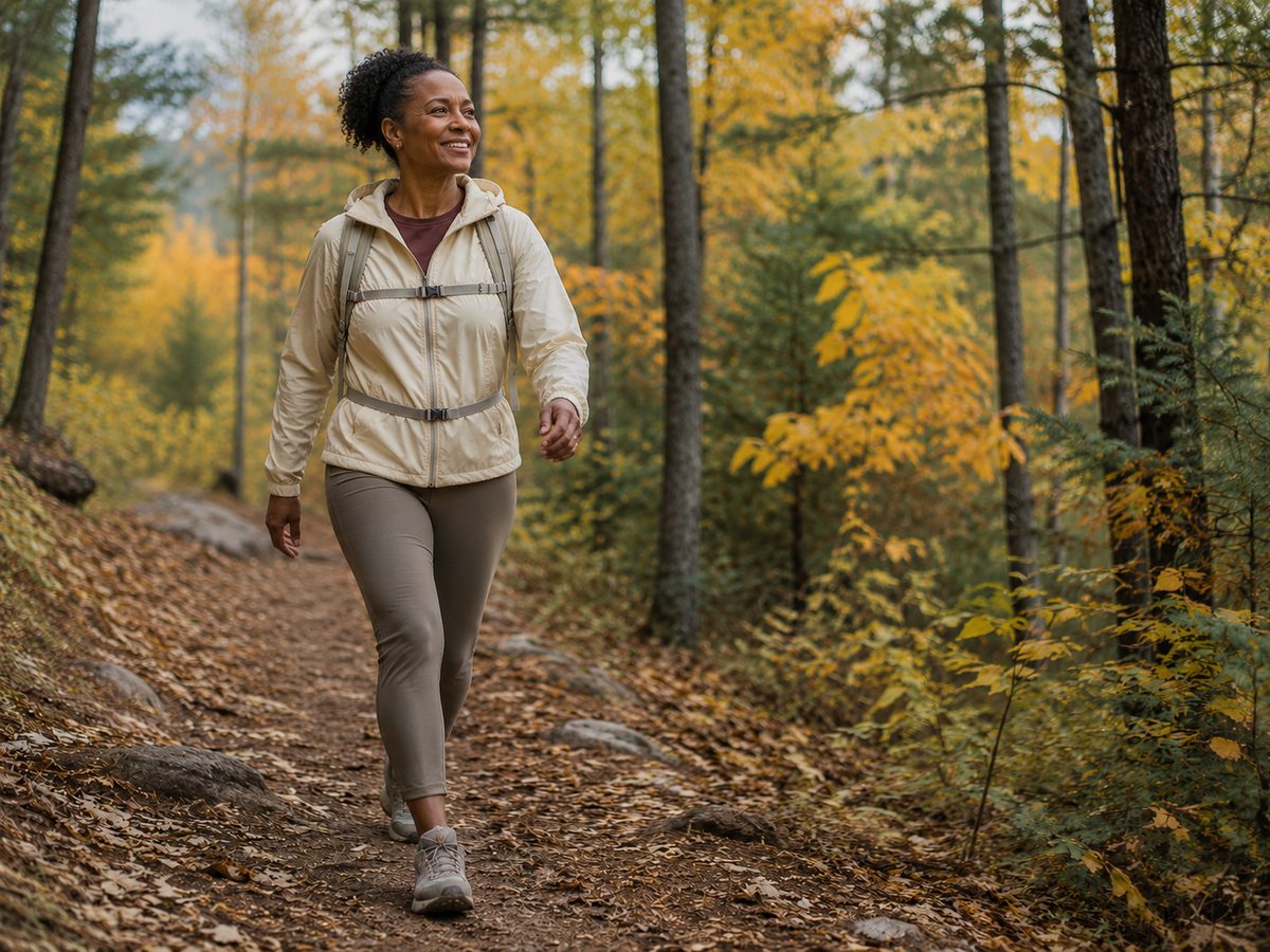 Woman hiking comfortably on a wooded trail