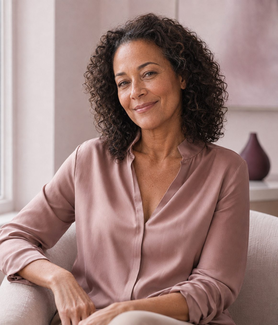 Serene woman in her late forties seated in soft blush light